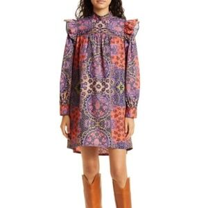 Xirena Sz XL Nyla Floral Ruffle Shoulder Long Sleeve 100% Poplin Cotton Dress
